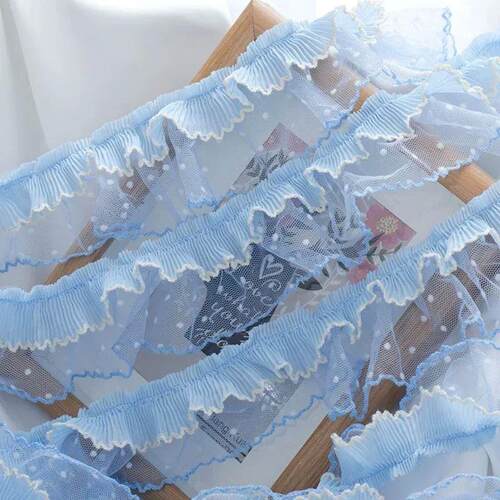 Pleated Tulle Lace Fabric, Light Blue, Fringed Trim, Wedding
