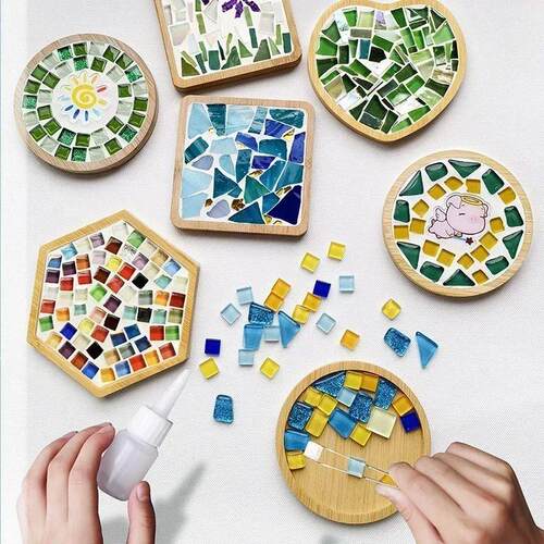 Handmade DIY Mosaic Cup Mat Bottom Bamboo Pad Heart Square