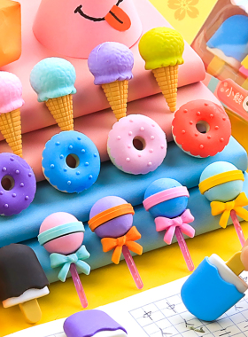 4pcs Yummy Dessert Erasers Set Mini Lollipop Icecream Popsic