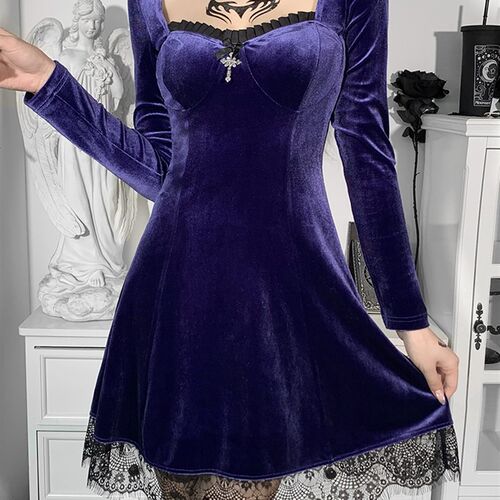 Grunge Gothic Black Mini Dress Lace Trim High Waist Bodycon