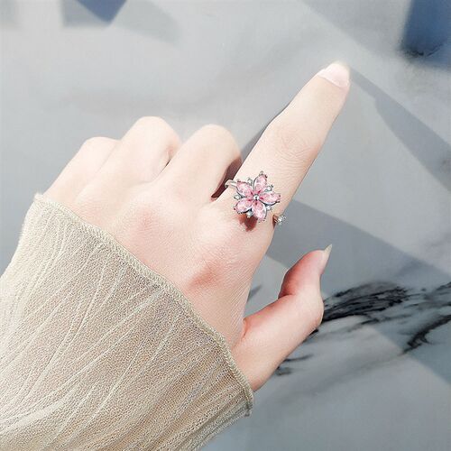 Rotating Ring Women Cherry Blossom Pink Zircon Flower Stress