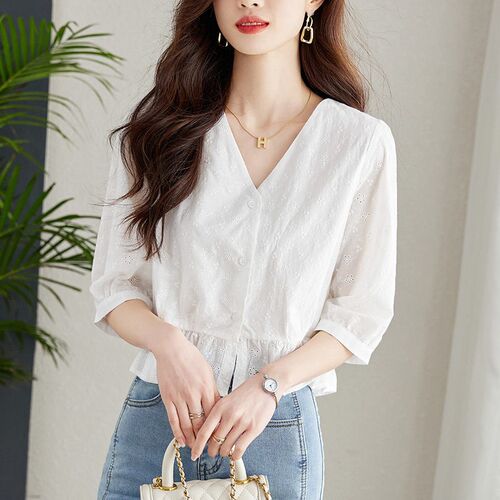 tton coon Embroidered Hollow White Shirt For Women 5-quarter