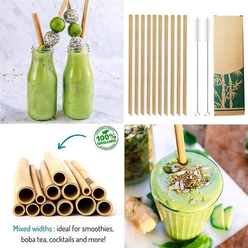 10Pcs Natural Bamboo Straw 20cm Reusable Drinking Straws wit