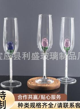 玫瑰花香槟杯简约时尚玻璃杯厂家创意玻璃带钻玫瑰花高脚