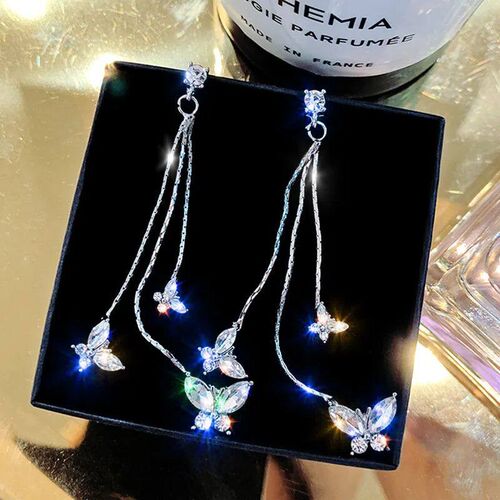 Korean Shiny Butterfly Crystal Drop Earring Bijoux Long Tass