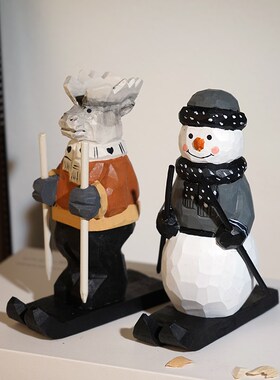 麋鹿雪人橇手工木雕小摆件卡通可爱工位桌面趣味摆放装饰品