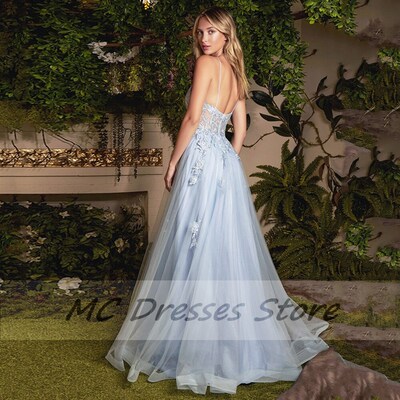 JEHETH Applique Prom Dress Blue Modern Spaghetti Strap V-nec