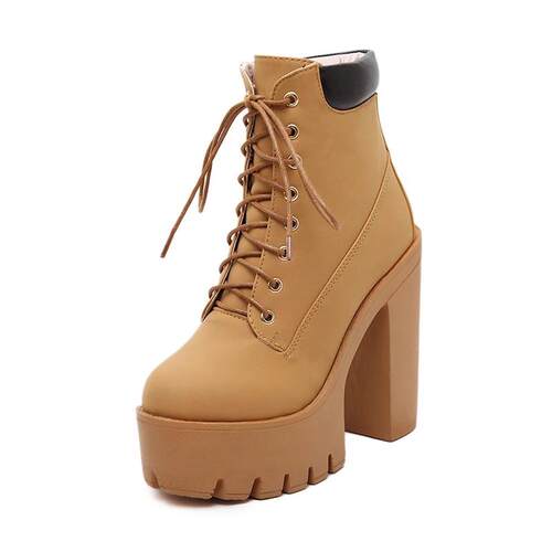 Gdgydh Womens Chunky Heeled Short Boots Round Toe Lace Up H