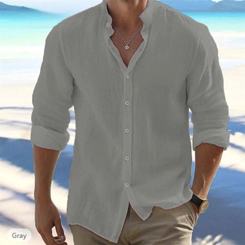 Cotton Linen Hot Sale Mens Long-Sleeved Shirts Summer Solid
