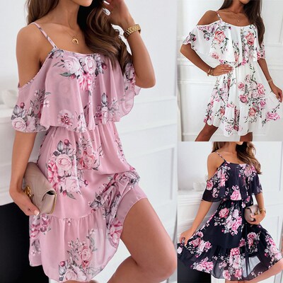 Women Floral Print Dress Summer Sexy Off Shoulder Ruffle Sho