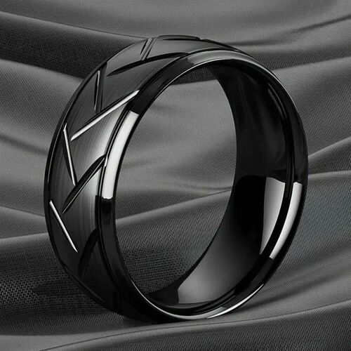 1pc Fashion Mens Black Stainless Steel Ring Groove Multi-F