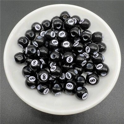 20pcs 10mm Big Hole Billiards Black 8 Acrylic Beads Round Sh