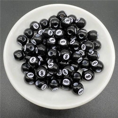 20pcs 10mm Big Hole Billiards Black 8 Acrylic Beads Round Sh