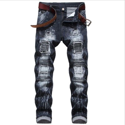 Elastic Black Jeans for Men Motorcycle Patchwork Denim Long