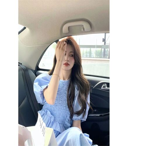 Blue Bubble Sleeves Ruffled Patchwork Dress for Women Summer
