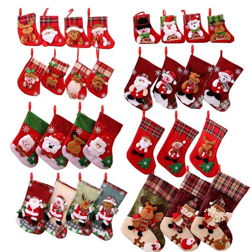 4 Christmas Stockings Socks Santa Snowman Hanging Xmas Tree