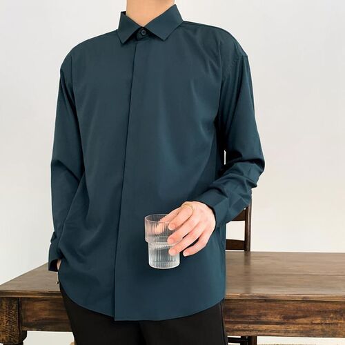 Korean Fashion New Drape Shirts for Men Solid Color Long Sle