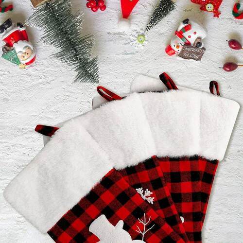 Christmas Stocking 17 Inch Large Buffalo Plaid, Faux Fur Cuf