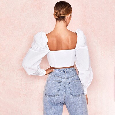 Women Ladies Puff Sleeve Strapless Crop Tops White Shirts Se