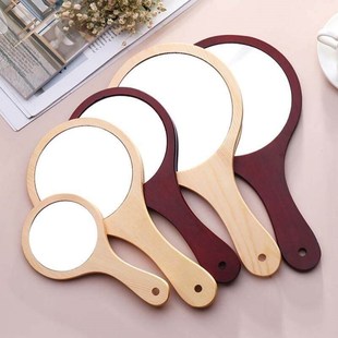 Round Wood Vintage Hand Mirror Makeup Vanity Mirror Portable