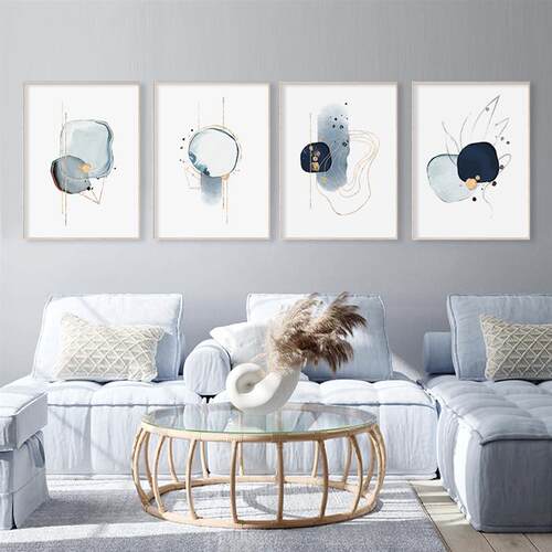 Modern Abstract Blue Drawn Sketch Canvas Painting Minimalist