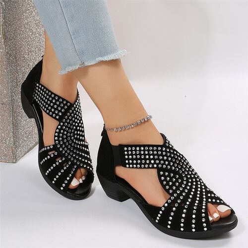 2023 New Fashion Comfortable Sandals Womens Rhinestone Zipp