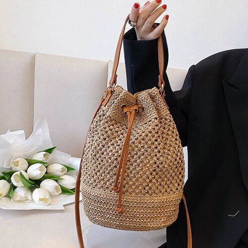 Woven Straw Bag Ladies Bucket Crossbody Bag Summer Beach Bag