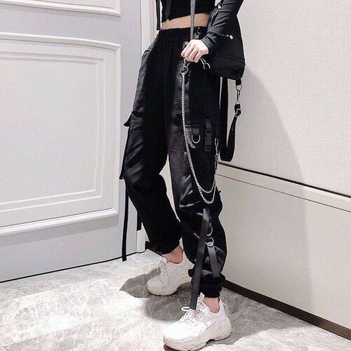 Womens Cargo Pants Buckle Ribbon Pocket Jogger Elastic Wais