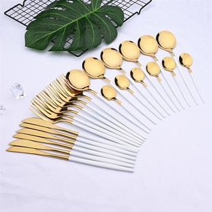 24pcs White Gold Dinnerware Set Stainless Steel Knife Fork S