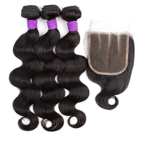Body Wave 3 Bundles With 4x4 Lace Closure 200g/lot Natural C
