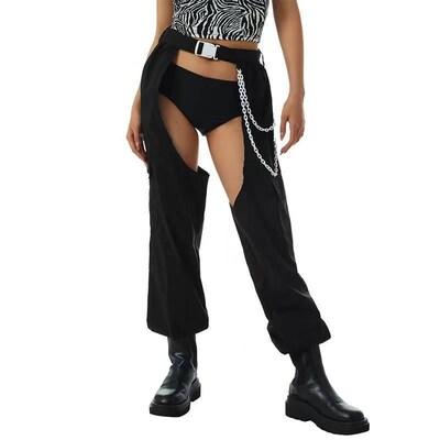 Women Buckles Bottomless Pants High Waist Cargo Trousers Cro