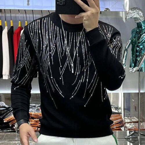Rhinestone Casual O-Neck Tee Shirt Homme Diamond Tassel Tshi