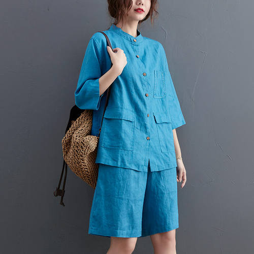 Cotton Linen Suit Womens Summer Loose Large Size Solid Stand