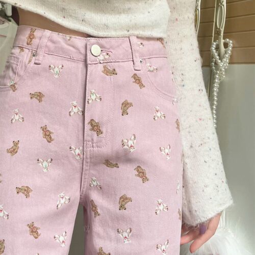 Deeptown Kawaii Cute Bear Pink Baggy Jeans Women Korean Fash