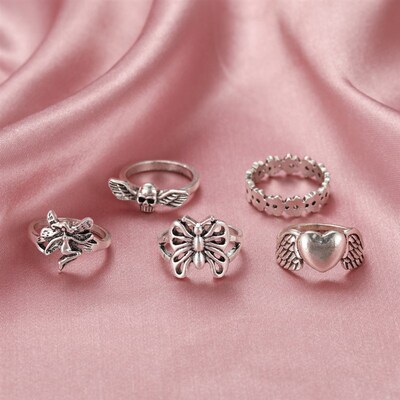 Vintage Silver Plated Angel Wings Ring for Womens Gothic Pun