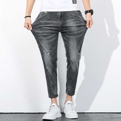 Ripped Jeans Mens Cropped Pants Slim-fit Summer Thin tendy