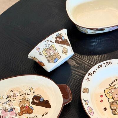 Cute cartoon teddy bear ceramic bowl grid plate