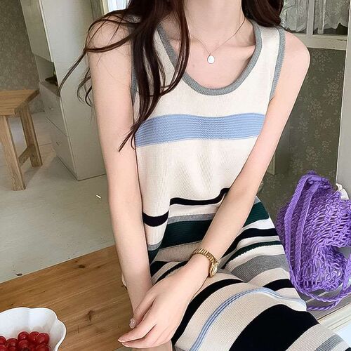 Korean style lazy style striped sleeveless vest long dress f