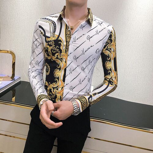 Autumn Man Vintage Printed Social Black Shirts Luxury Mens