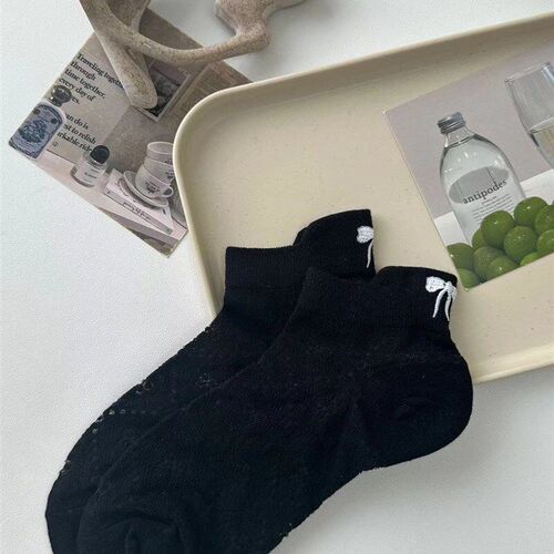 Short Socks with Heel Embroidery Bow Pure Color Summer Thin