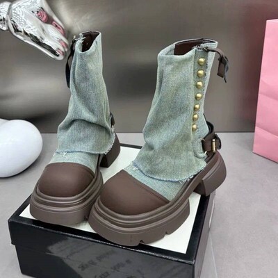 Women Flats Ankle Cowboy Chelsea Boots Winter Fad Platform G