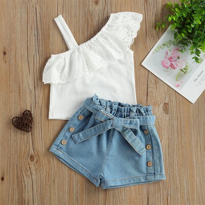 .Fashion Kids Girls Clothes Sets Kids Strap One Shoulder Ruf