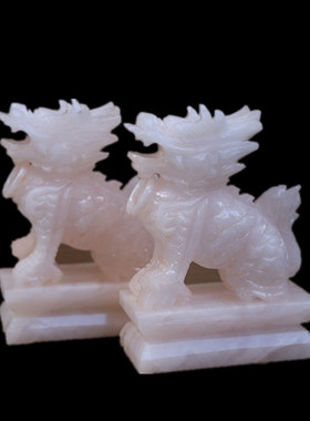 祥瑞玉石麒麟摆件一对招财黄玉工艺品白玉精工款家居客厅办公室送