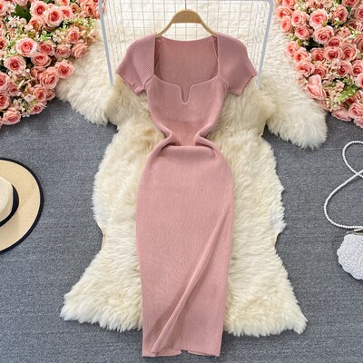 Slit slim little black dress women 2023 summer new knitted s