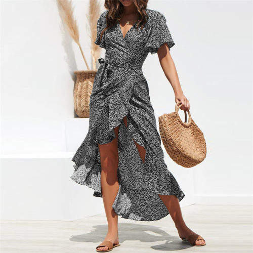 Boho Summer Maxi Dress Women Beach Green Floral Print Long