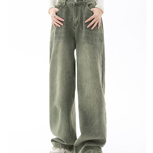 Green Women Jeans High Waist Loose Straight Leg Femme Jean F