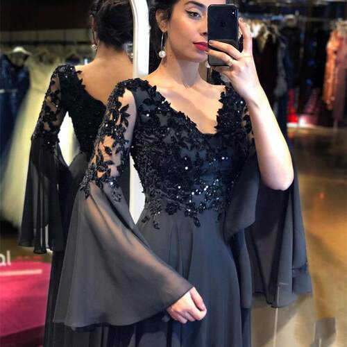 Elegant Black Evening Dresses 2021 Flare Long Sleeve V-Neck