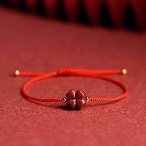 Natural Purple Cinnabar Lucky Clover Handmade Red Rope Lucky
