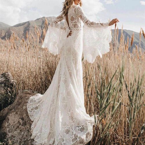 Hippie Beach Boho Wedding Dress V Neck Long Bell Sleeve 2021
