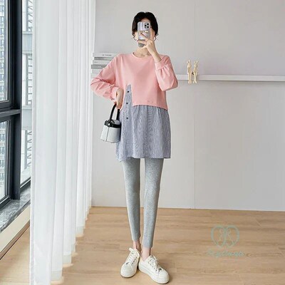 Striped Cotton Patchwork Maternity Blouses 2024 Spring Fashi